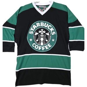 Starbucks Coffee Hockey Jersey Shirt Mens Medium Green Black 3/4 Sleeve Logo